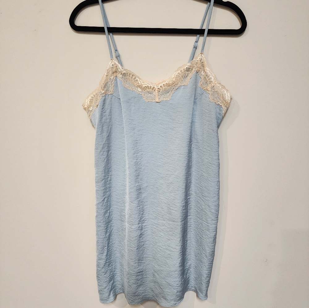 Slip Mini Dress Baby Blue with Beige Lace Trim.